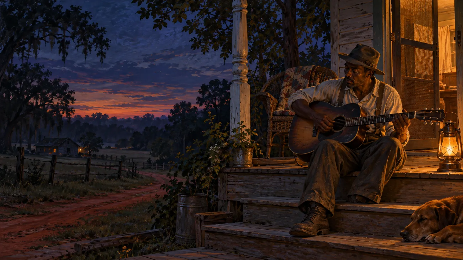 A Black musician plays acoustic guitar on a Southern porch at dusk, beside a glowing lantern